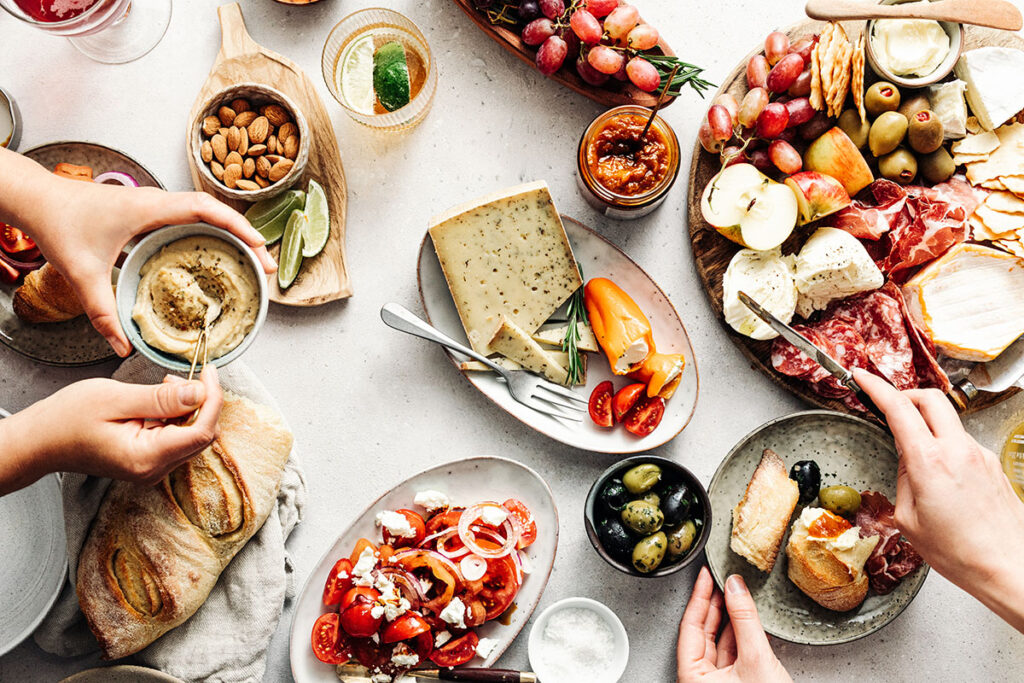 overhead photo of a set table with food