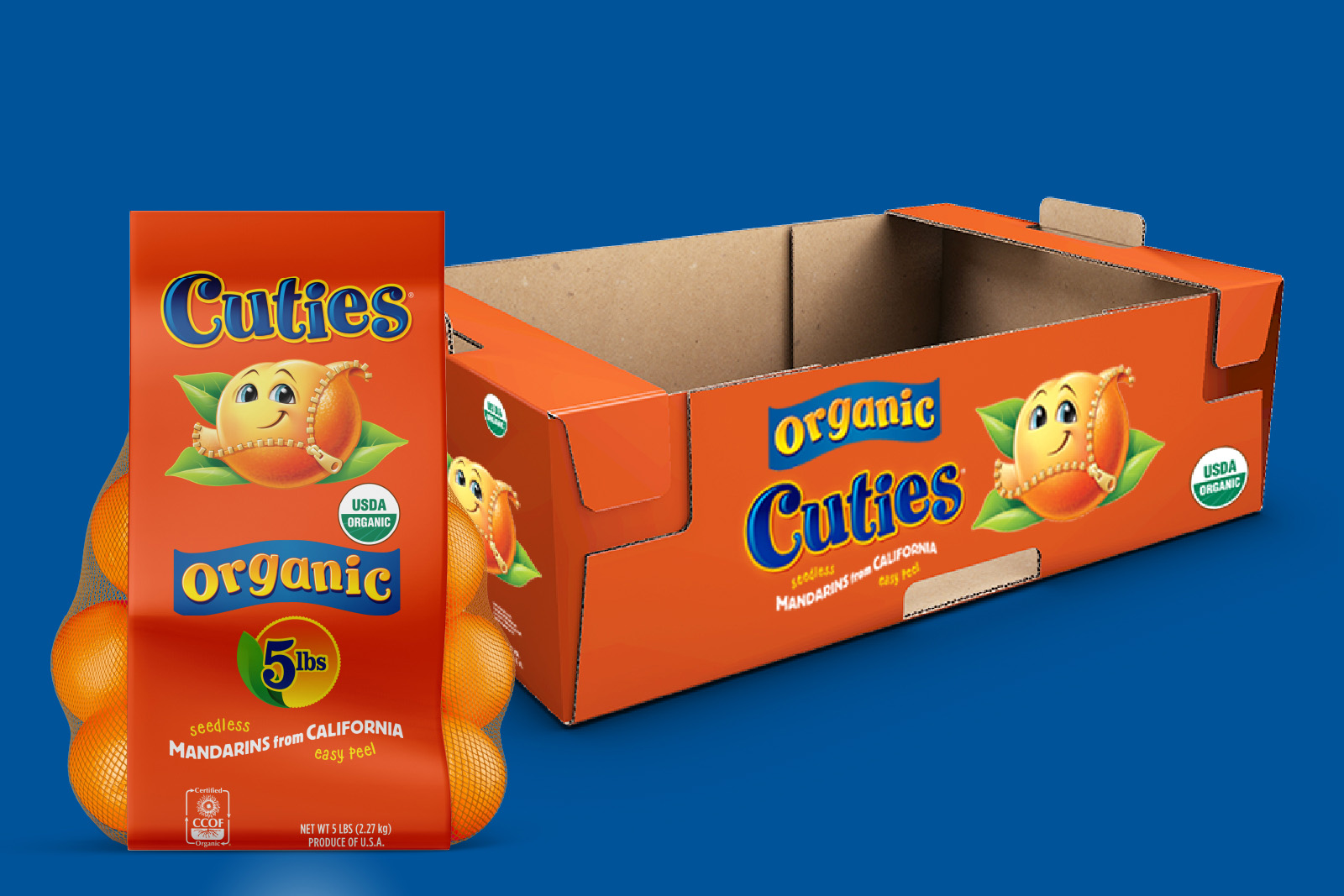 Mock-ups of Cuties bag packaging and box