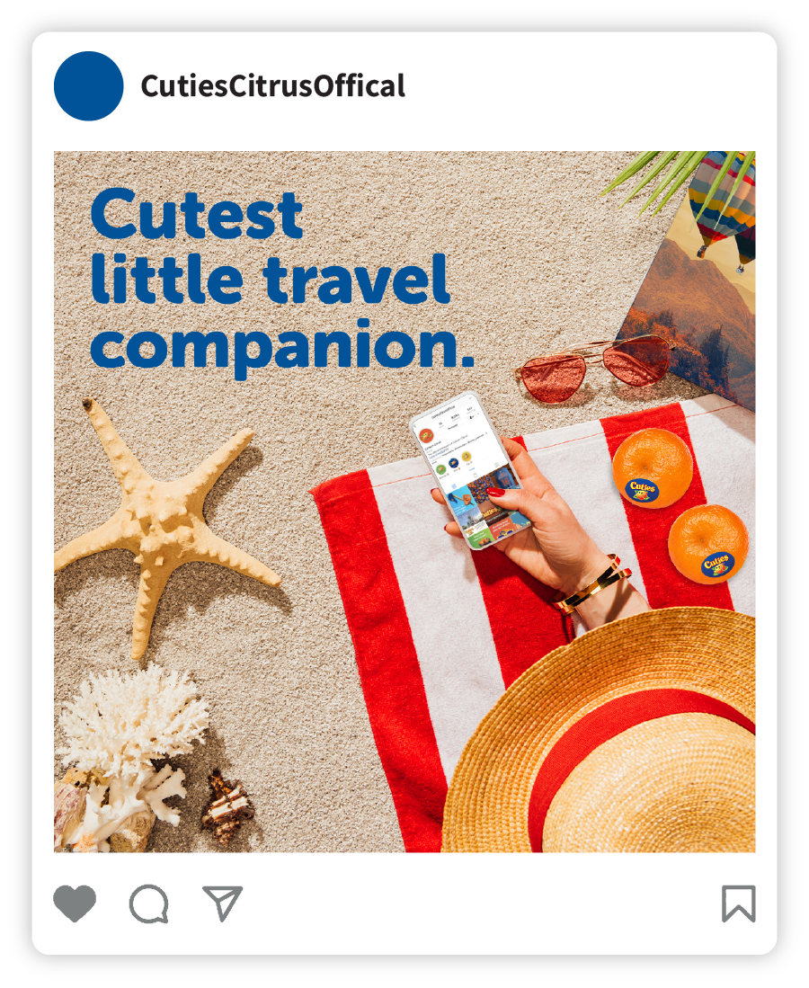 Example of a Cuties social post that says "Cutest little travel companion" with an image of a person on the beach with Cuties clementines