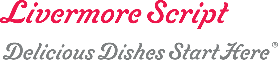 Livermore Script font with sample that says "Delicious Dishes Start Here®"
