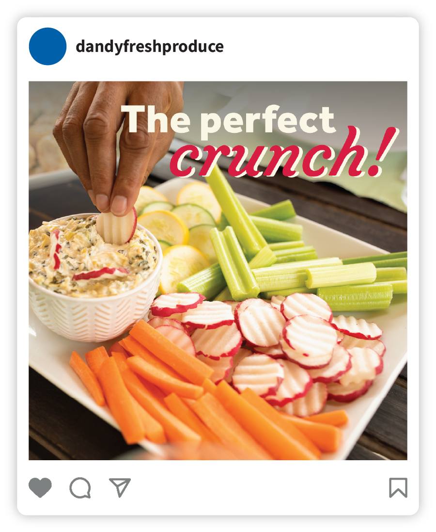Example of a Dandy social post that says "The Perfect Crunch" with an image of a person scooping dip with radish coins