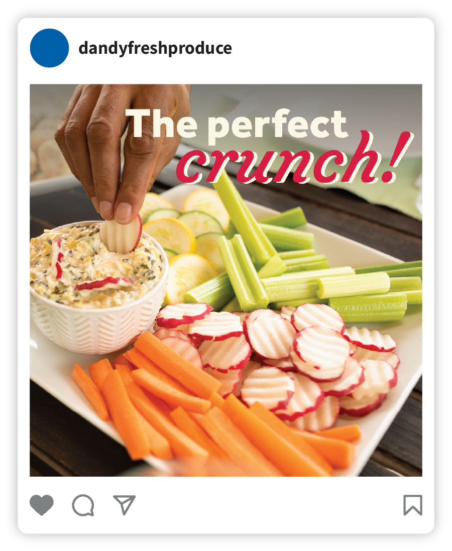 Example of a Dandy social post that says "The Perfect Crunch" with an image of a person scooping dip with radish coins