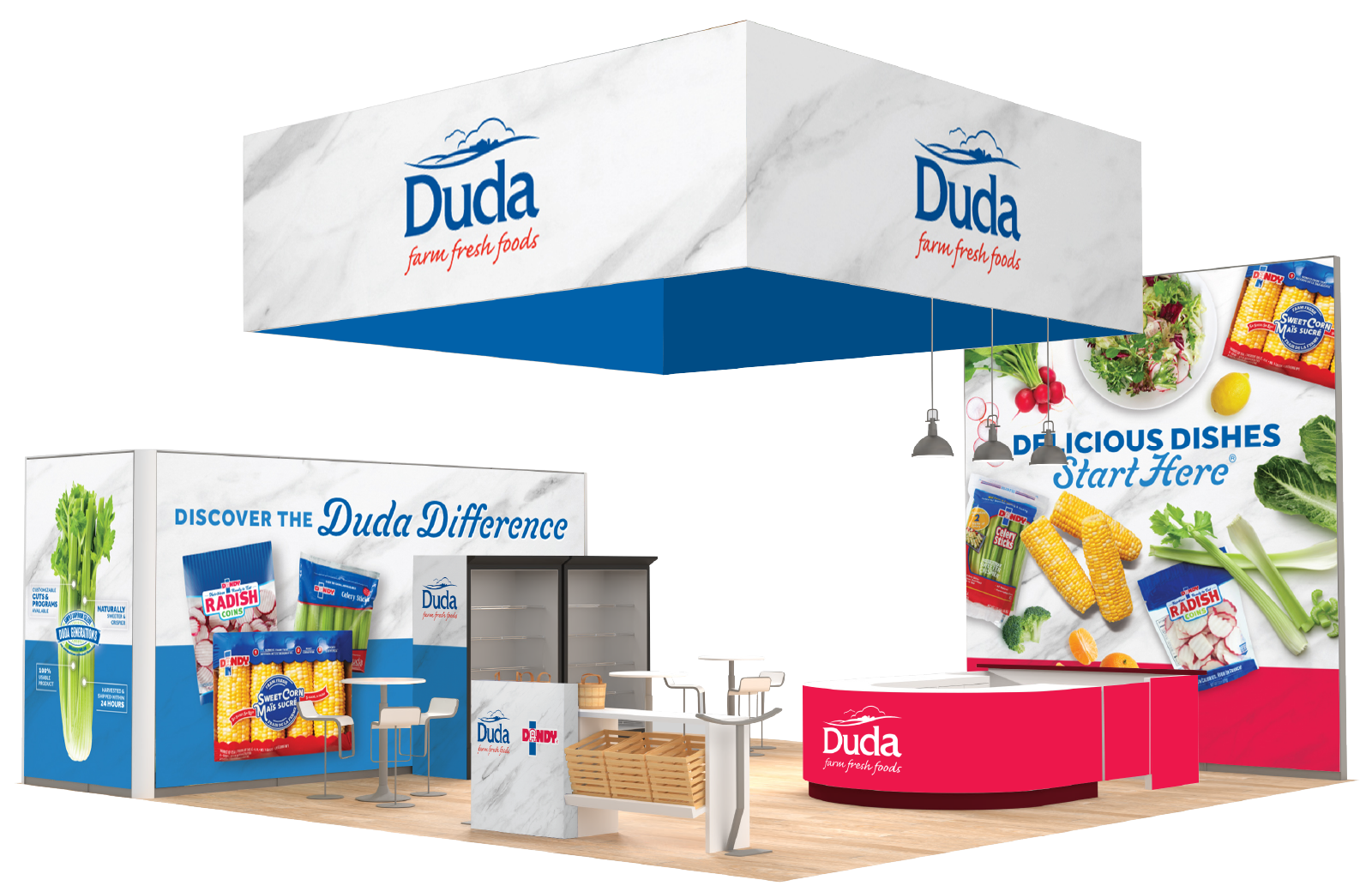 A mock-up of a tradeshow booth with images of Dandy products, the Duda and Dandy logos, and text that says "Delicious Dishes Start Here®"