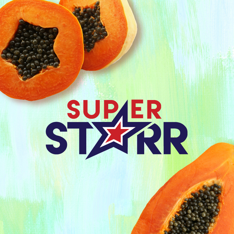 Super Starr logo with royal star papayas in the background