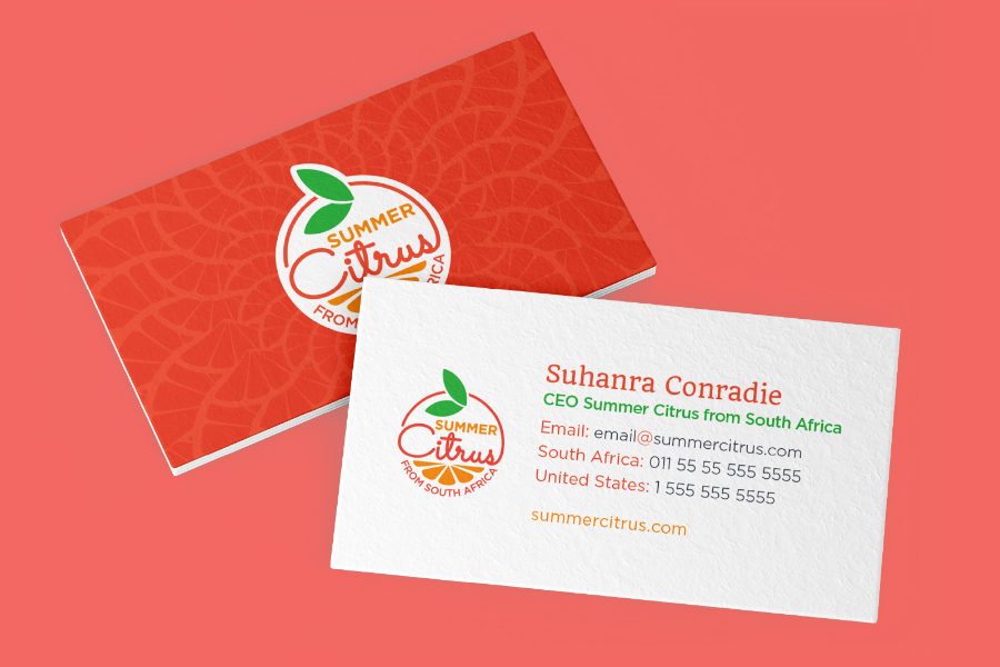 A mock-up of Summer Citrus from South Africa's business card front and back