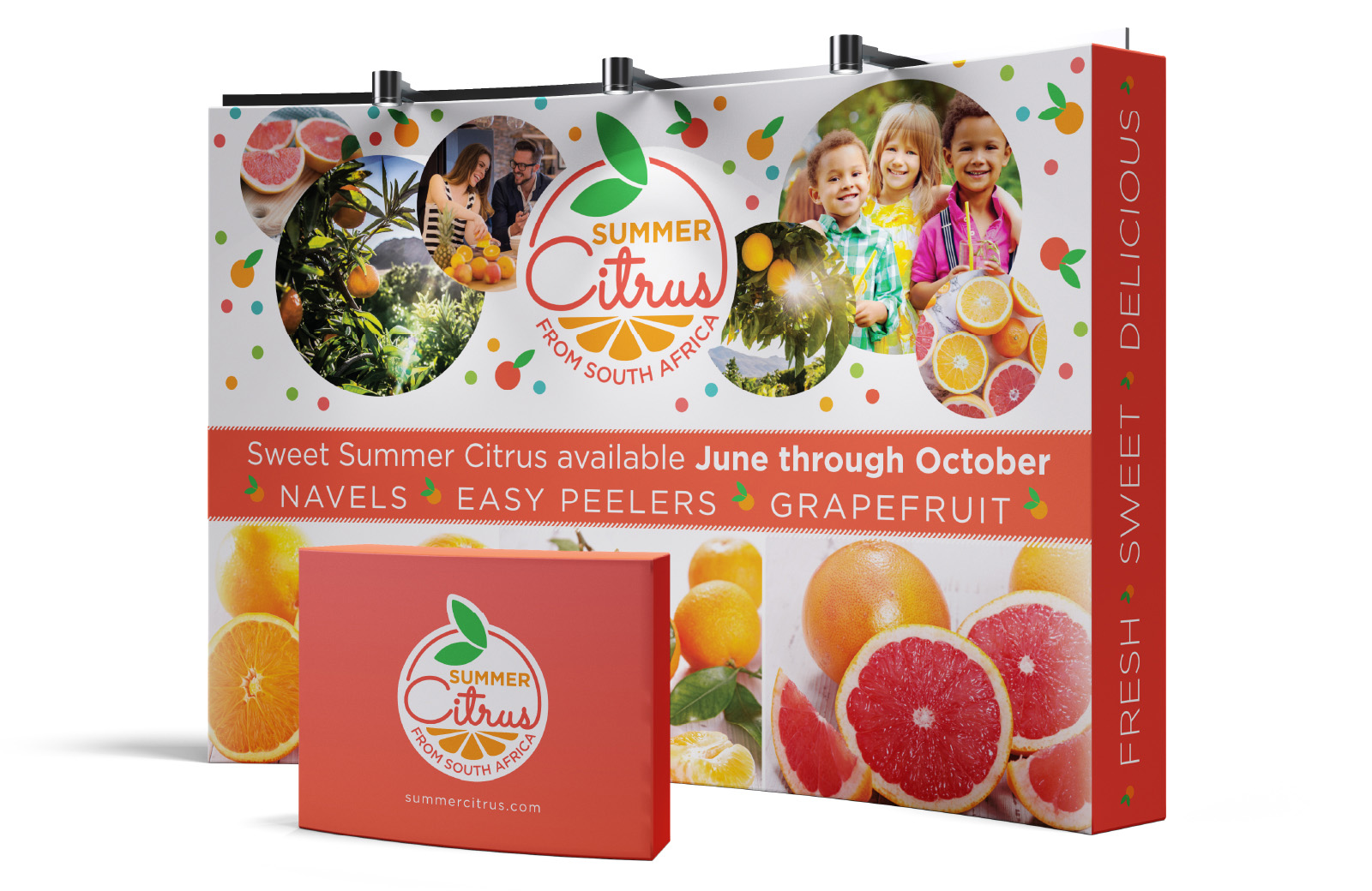 A mock-up of a tradeshow booth with images of Summer Citrus from South Africa products with text that says "Fresh Sweet Delicious" and "Sweet Summer Citrus available June through October Navels Easy Peelers Grapefruit"