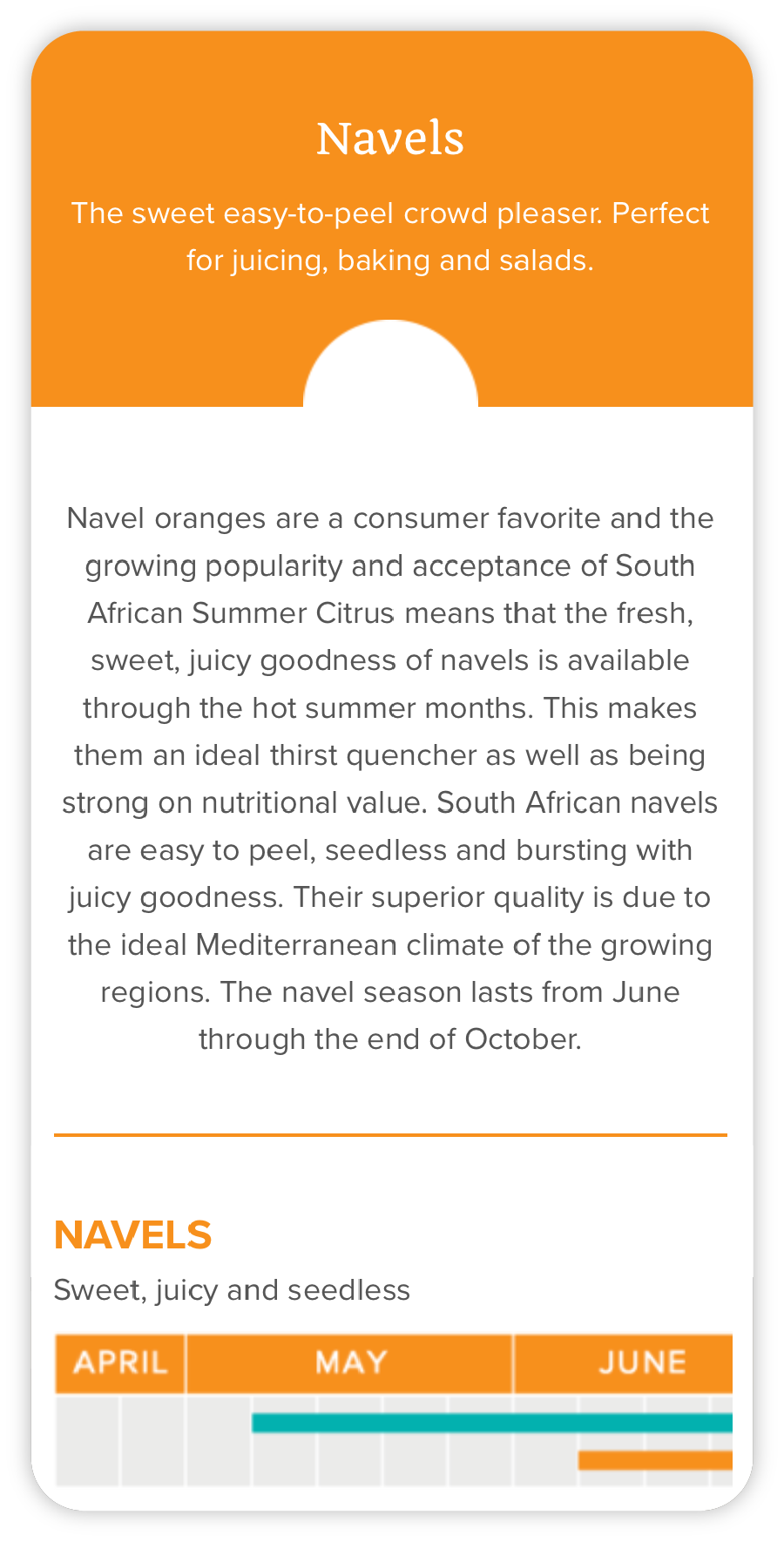 A mobile screen sized mockup of the Summer Citrus from South Africa website navels product page