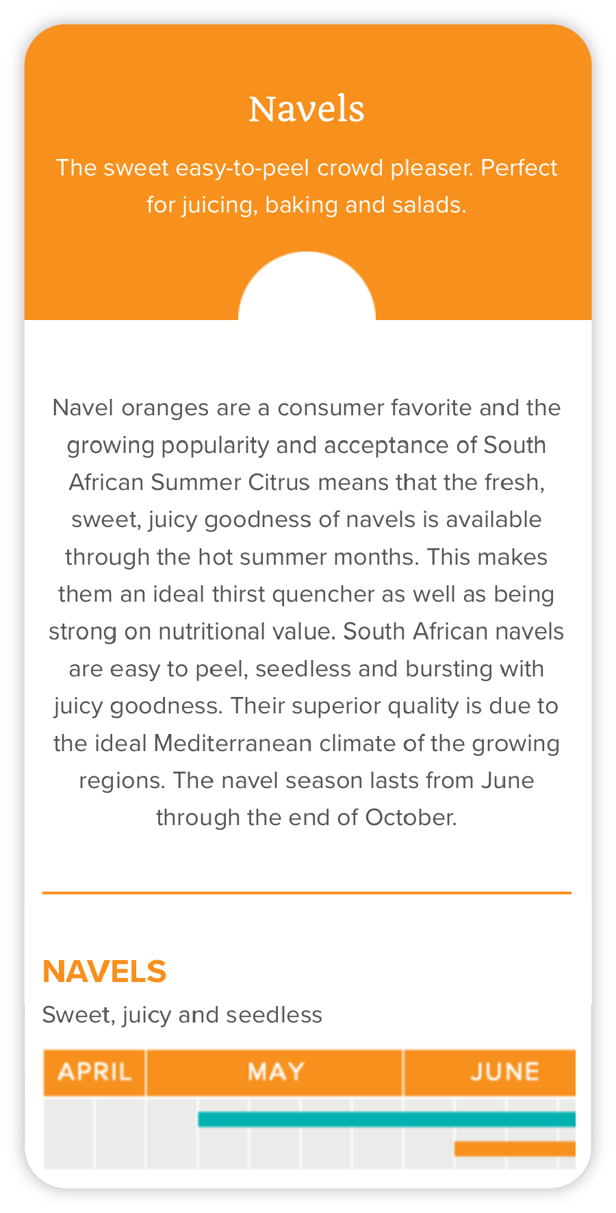 A mobile screen sized mockup of the Summer Citrus from South Africa website navels product page