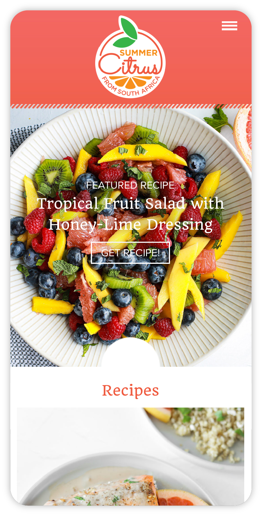 A mobile screen sized mockup of the Summer Citrus from South Africa website recipe page