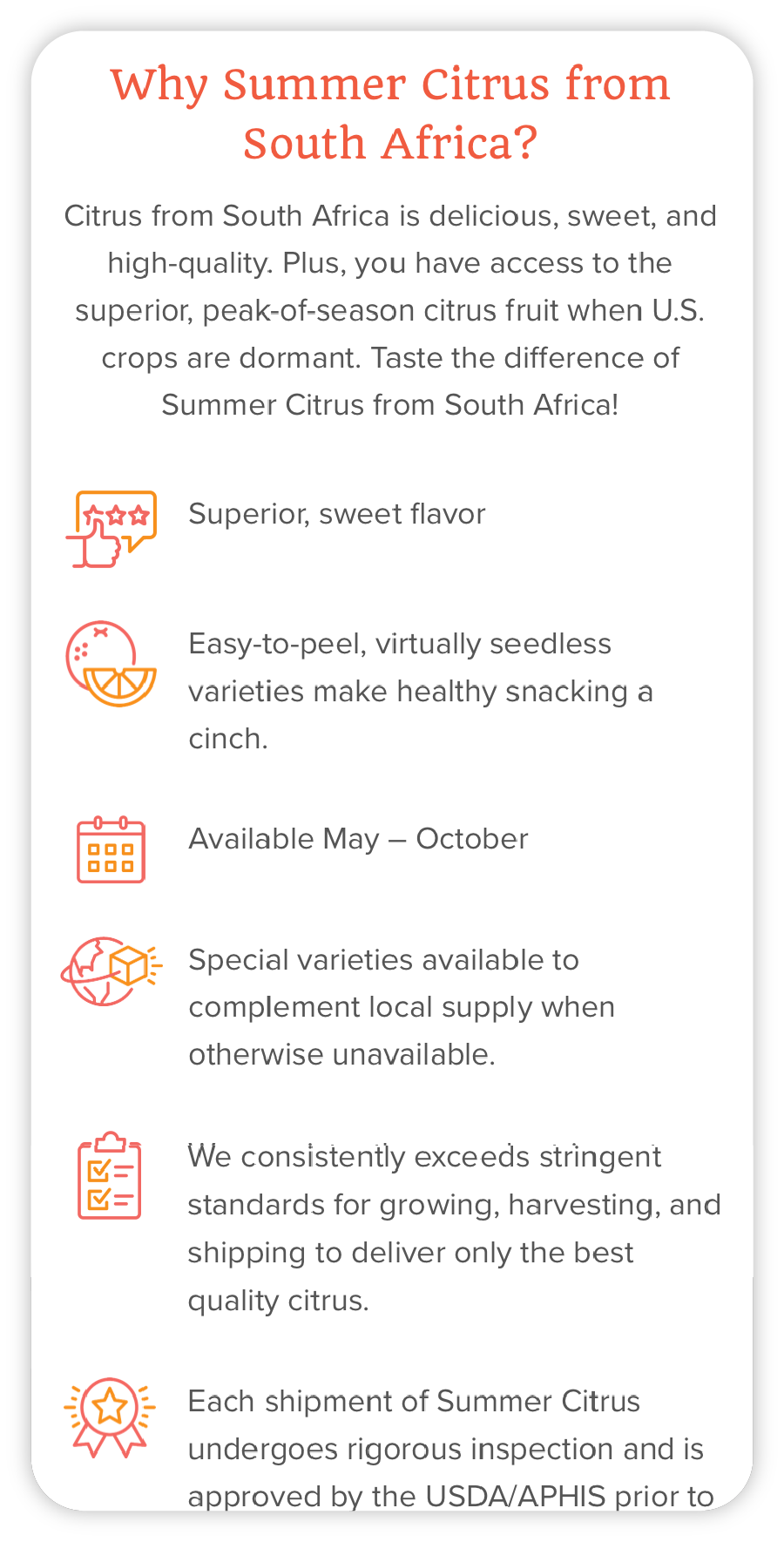 A mobile screen sized mockup of the Summer Citrus from South Africa website about page