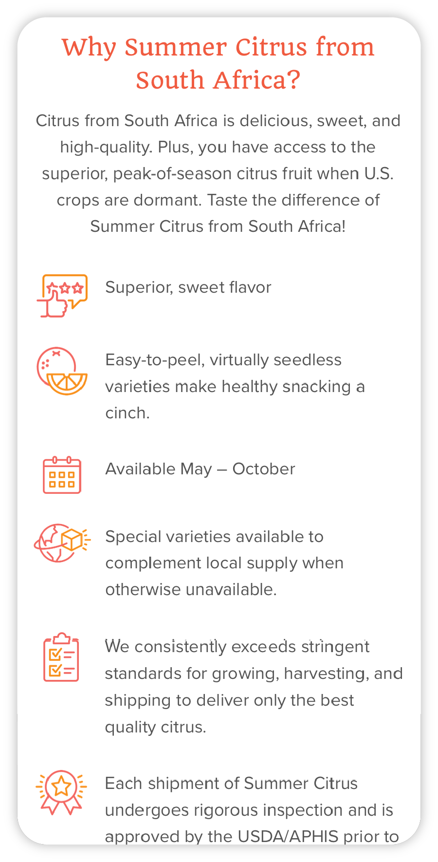 A mobile screen sized mockup of the Summer Citrus from South Africa website about page