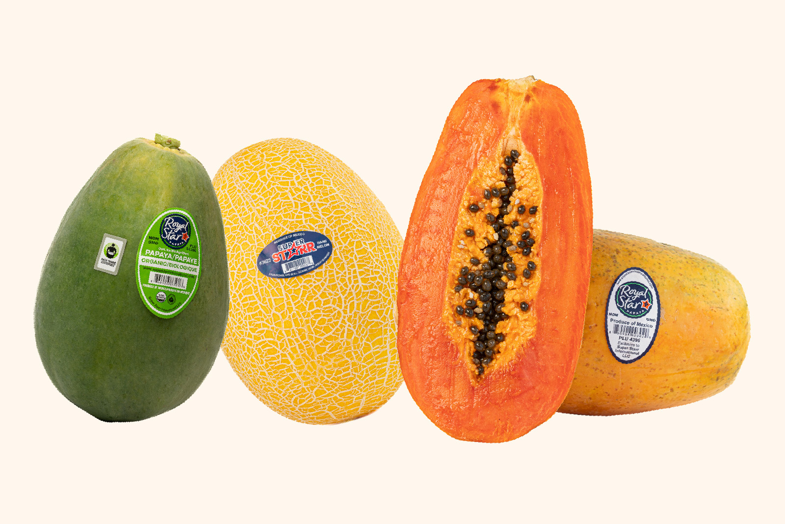 Images of super star and royal star papayas and honeydews with PLU stickers