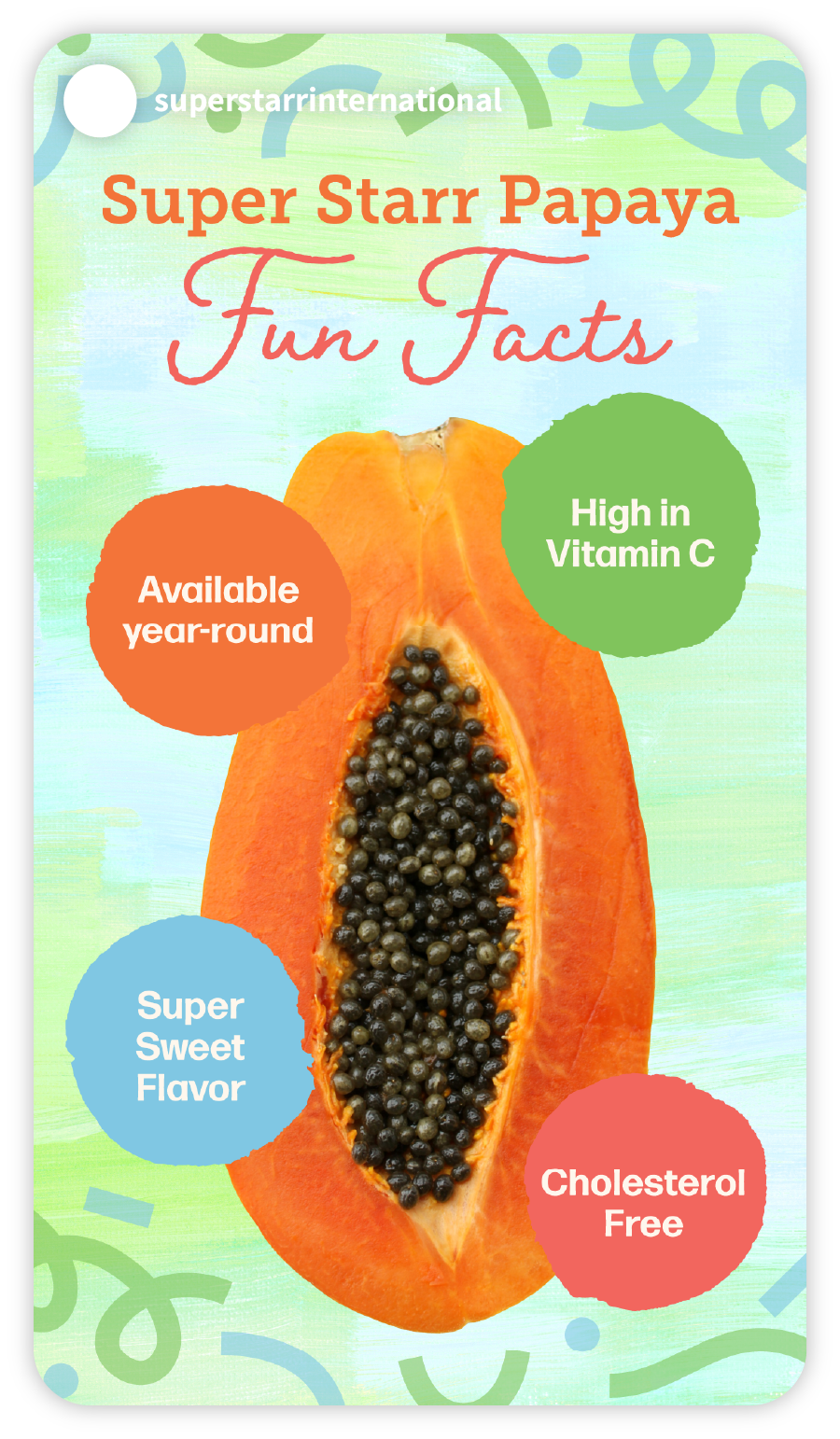 Example of a Super Starr Instagram story that says "Super Starr Papaya Fun Facts" with an image of a cut papaya