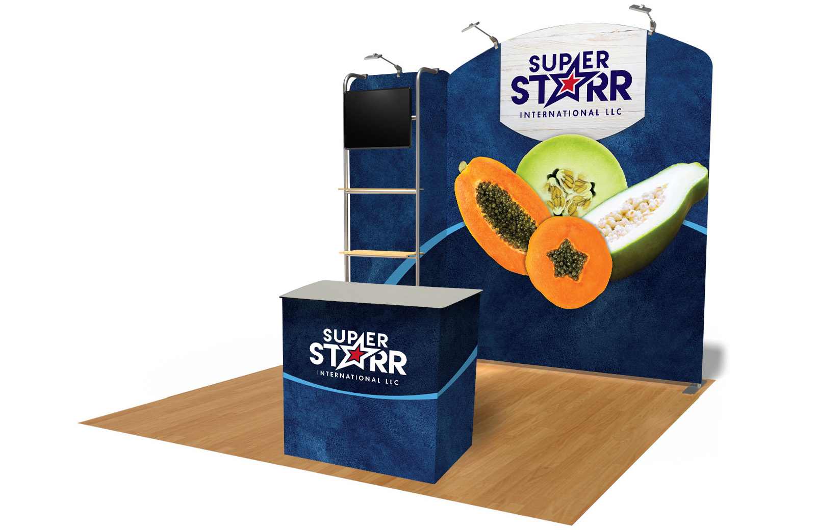 A mock-up of a tradeshow booth and counter with images of Royal Star and Super Starr papayas on dark blue watercolor backgrounds