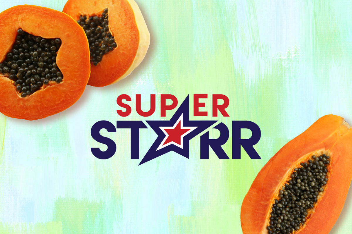 Super Starr logo with royal star papayas in the background