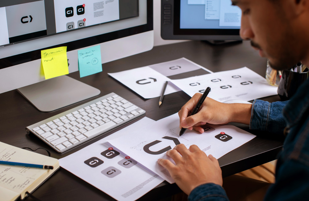 man sitting at desk in front of computer, sketching and designing logo