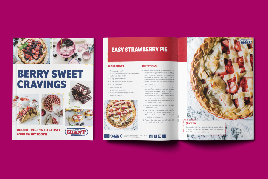 A mock-up of the cover and interior spread of a recipe book called "Berry Sweet Cravings"