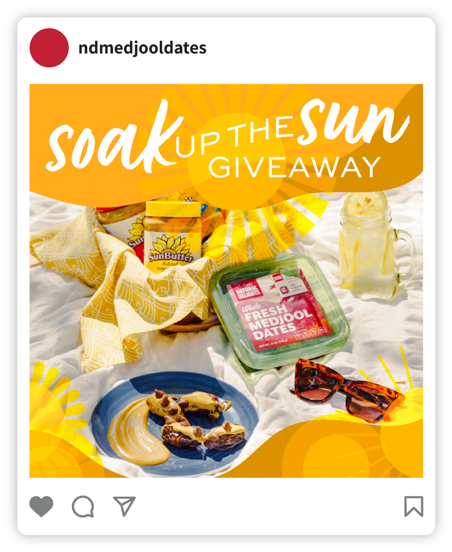 Example of a Natural Delights social post that says "Soak Up the Sun Giveaway" with an image a picnic with Natural Delights Whole Medjool Dates
