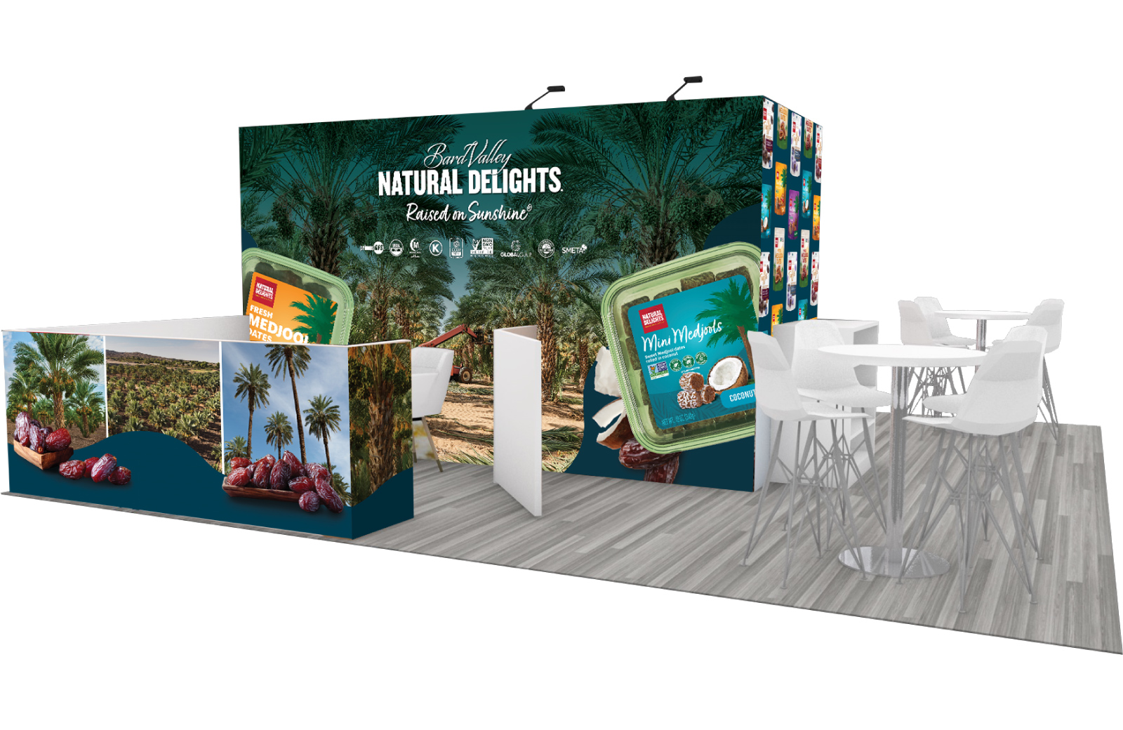 A mock-up of a tradeshow booth with images of Natural Delights products and date trees