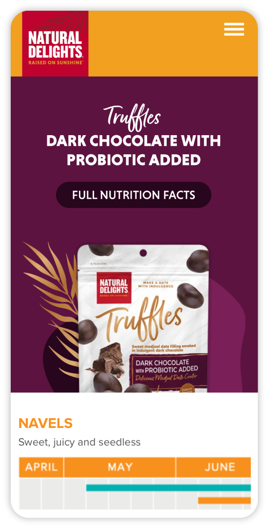A mobile screen sized mockup of the Natural Delights website Dark Chocolate with Probiotic Added Truffles product page