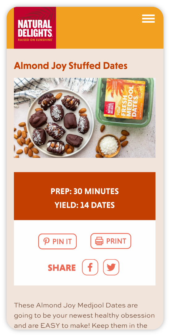 A mobile screen sized mockup of the Natural Delights website Almond Joy Stuffed Dates recipe page