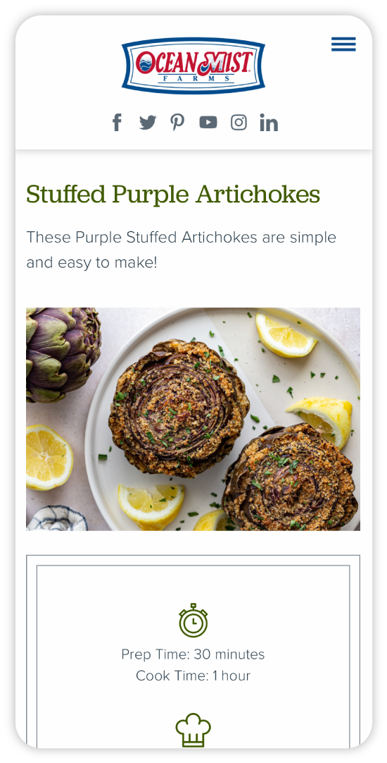A mobile screen sized mockup of the Ocean Mist Farms website recipe page for "Stuffed Purple Artichokes"