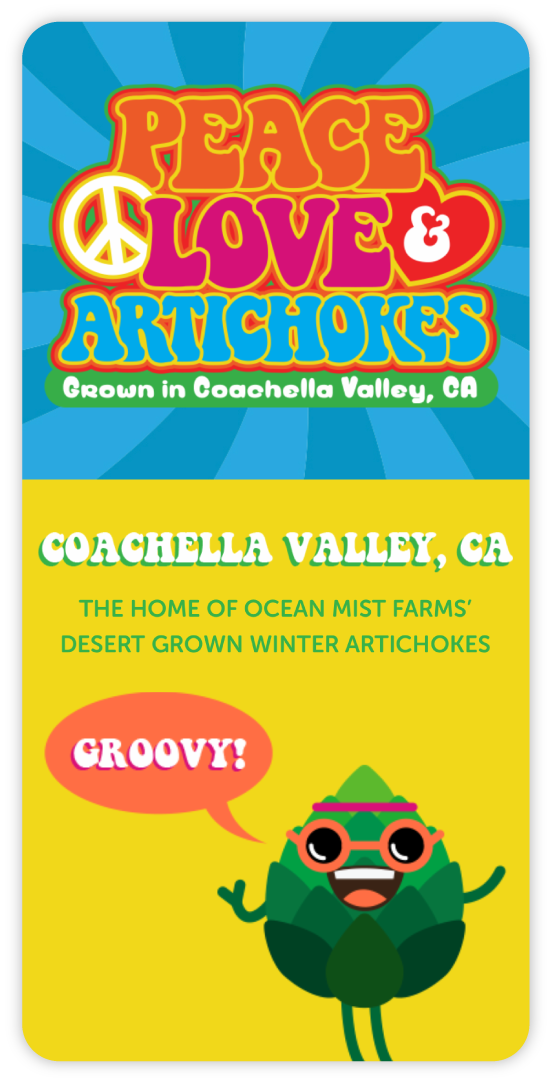A mobile screen sized mockup of the Ocean Mist Farms website Peace Love & Artichokes pillar page