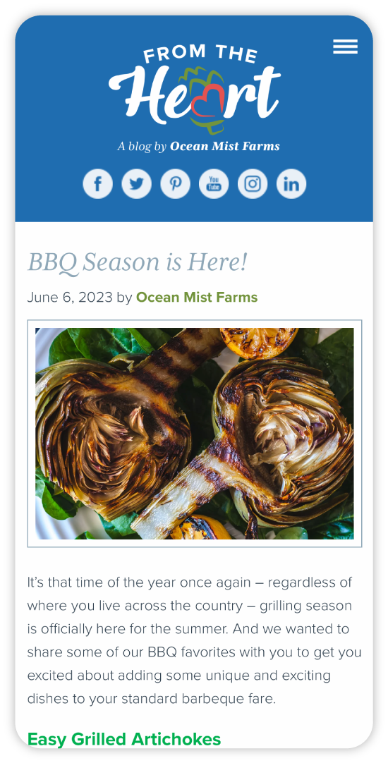 A mobile screen sized mockup of the Ocean Mist Farms website From the Heart blog page for "BBQ season is here!" post